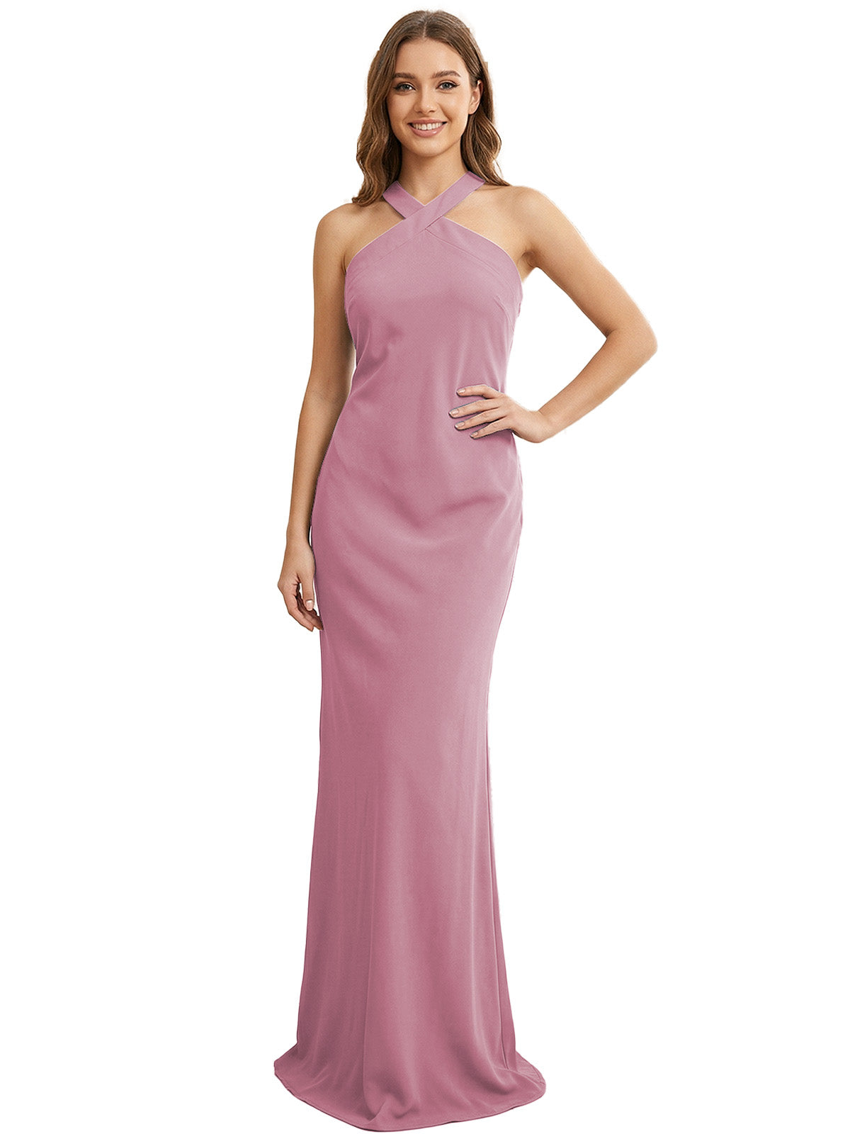 High Neck Halter Bridesmaid Dress with Sleek Column Silhouette