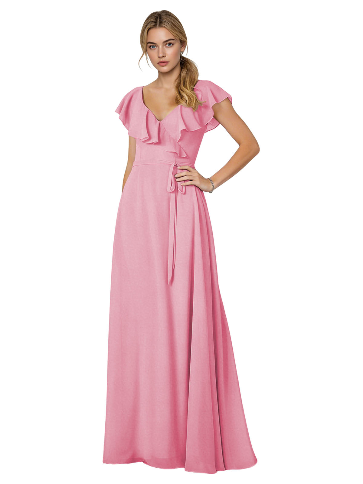 Tie Neck Chiffon Bridesmaid Dress with Flutter Sleeves