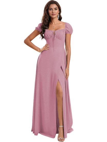 Ruched Short Sleeve Chiffon Bridesmaid Dress with Side Slit