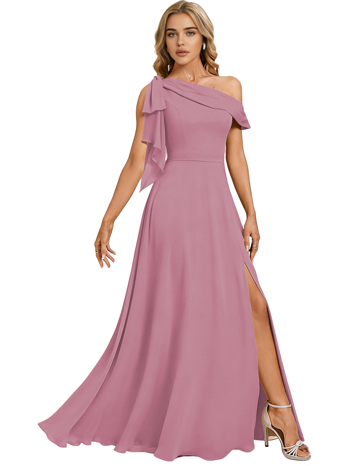 Asymmetric Off Shoulder Bridesmaid Dress with Draped Sleeve and Slit