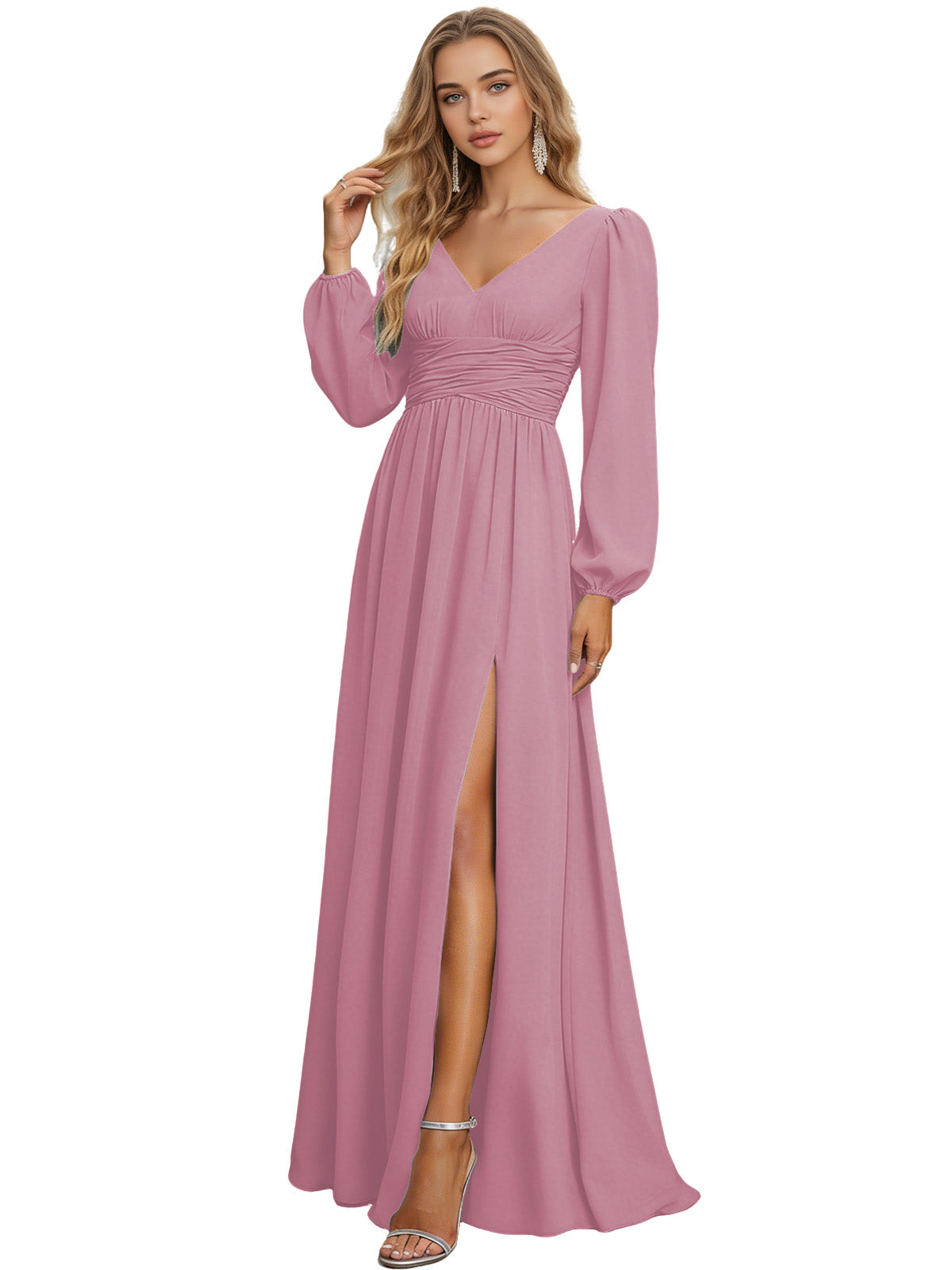 Long Sleeve V-Neck Chiffon Bridesmaid Dress with Front Slit