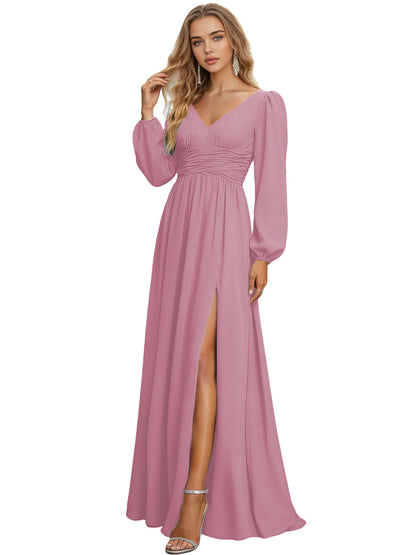 Long Sleeve V-Neck Chiffon Bridesmaid Dress with Front Slit