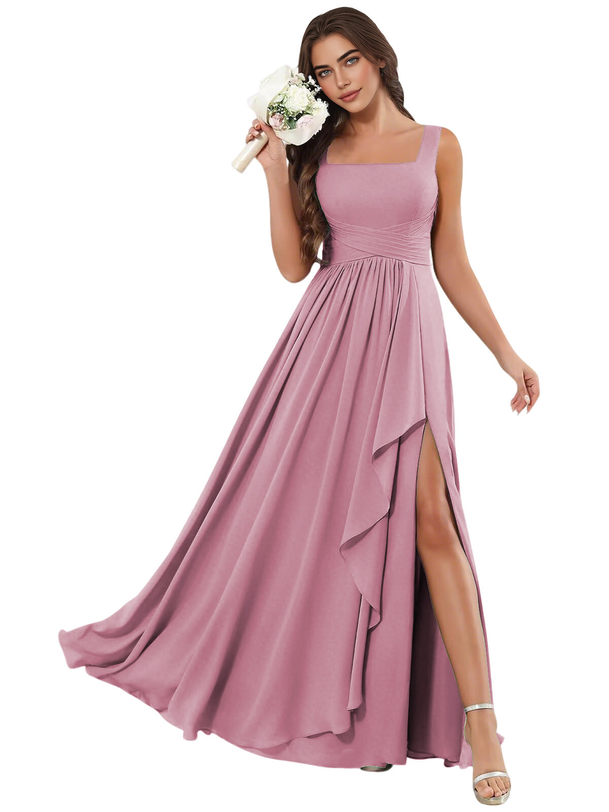Square Neck Chiffon Bridesmaid Dress with Corset Back and Slit