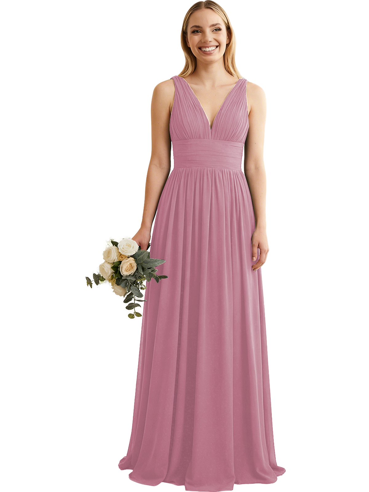 Deep V-Neck Chiffon Bridesmaid Dress with Pleated Waist