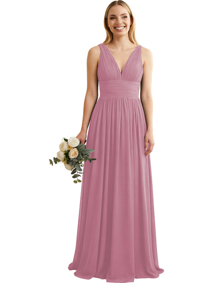 Deep V-Neck Chiffon Bridesmaid Dress with Pleated Waist