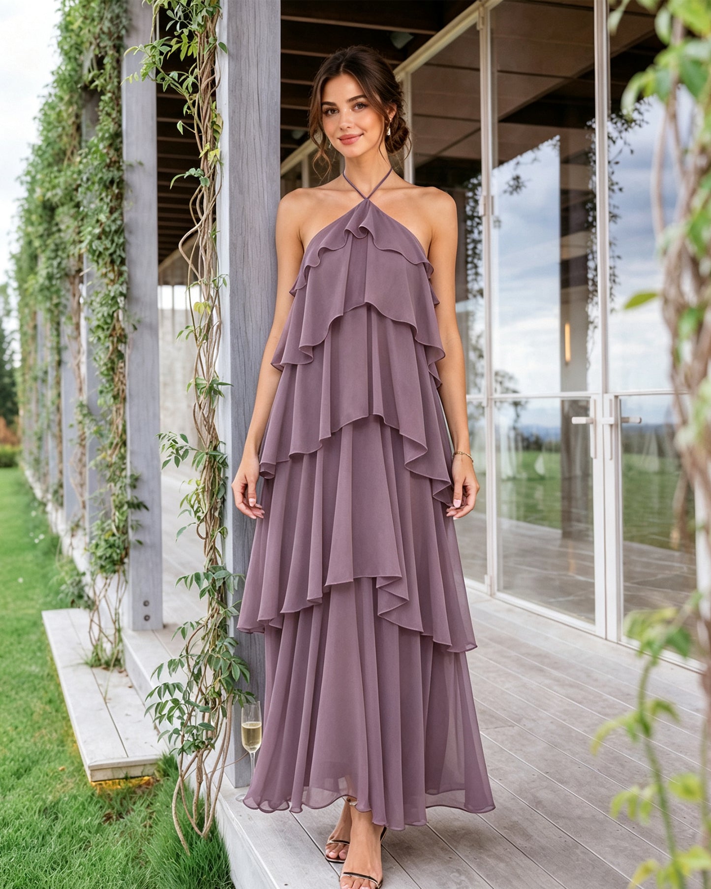 Halter Neck Tiered Chiffon Bridesmaid Dress with Ruffle Overlay