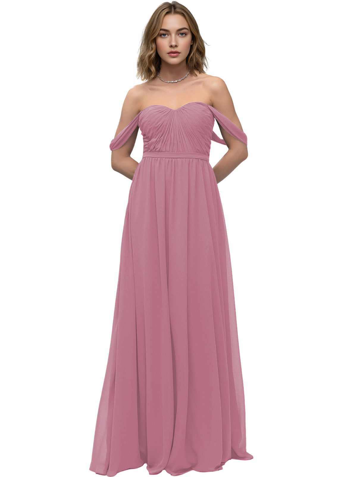 Off Shoulder Sweetheart Chiffon Bridesmaid Dress with Ruched Bodice
