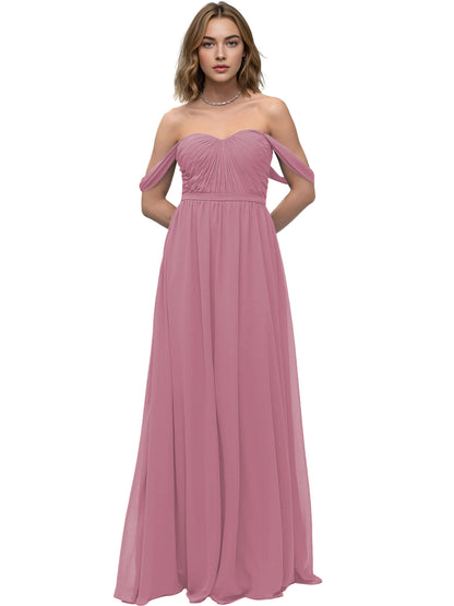 Off Shoulder Sweetheart Chiffon Bridesmaid Dress with Ruched Bodice