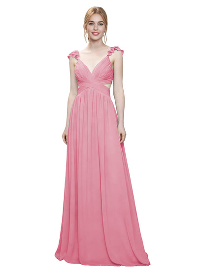 Ruffle Strap V-Neck Tulle Bridesmaid Dress with Pleated Waist