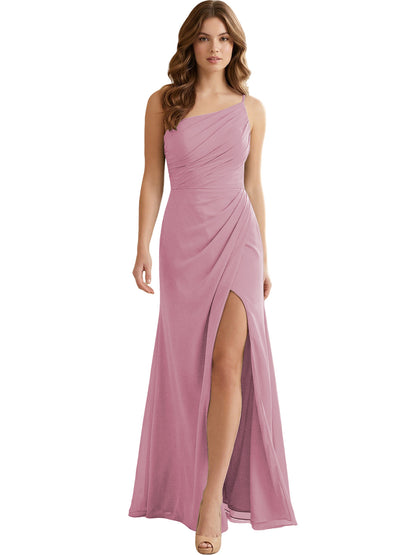 One Shoulder Ruched Chiffon Bridesmaid Dress with Front Slit