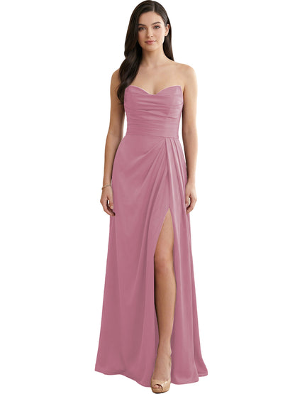 Strapless Pleated Satin Bridesmaid Dress with Side Slit