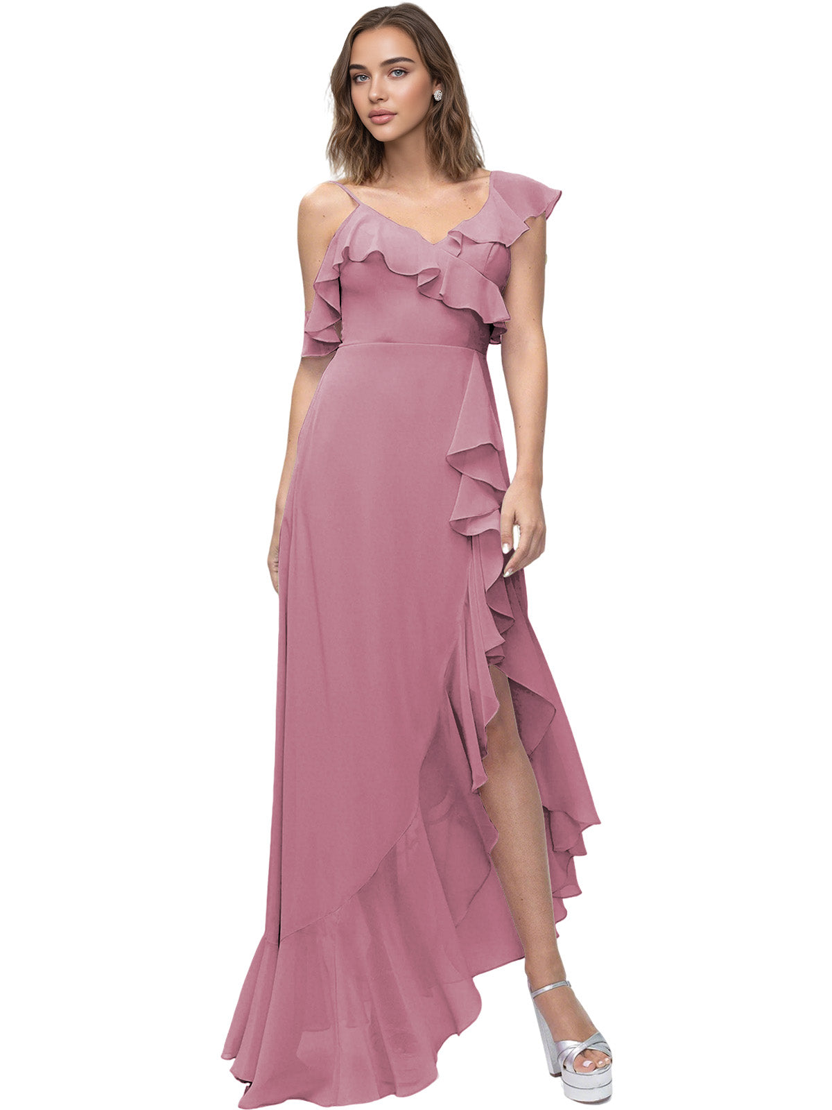 Asymmetrical Ruffle Chiffon Bridesmaid Dress with High Low Slit
