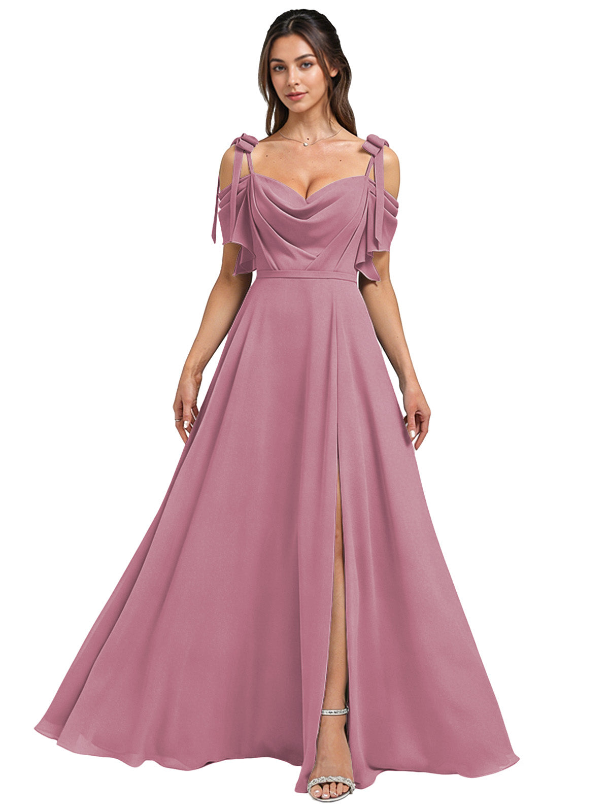 Cowl Neck Cold Shoulder Bridesmaid Dress with High Slit Chiffon Dress