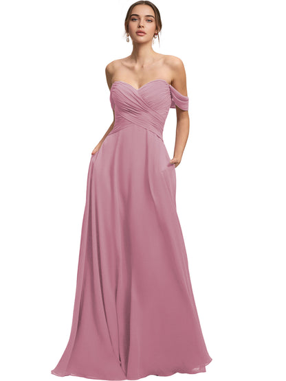 Off Shoulder Chiffon Bridesmaid Dress with Draped Bodice and A-Line Dress