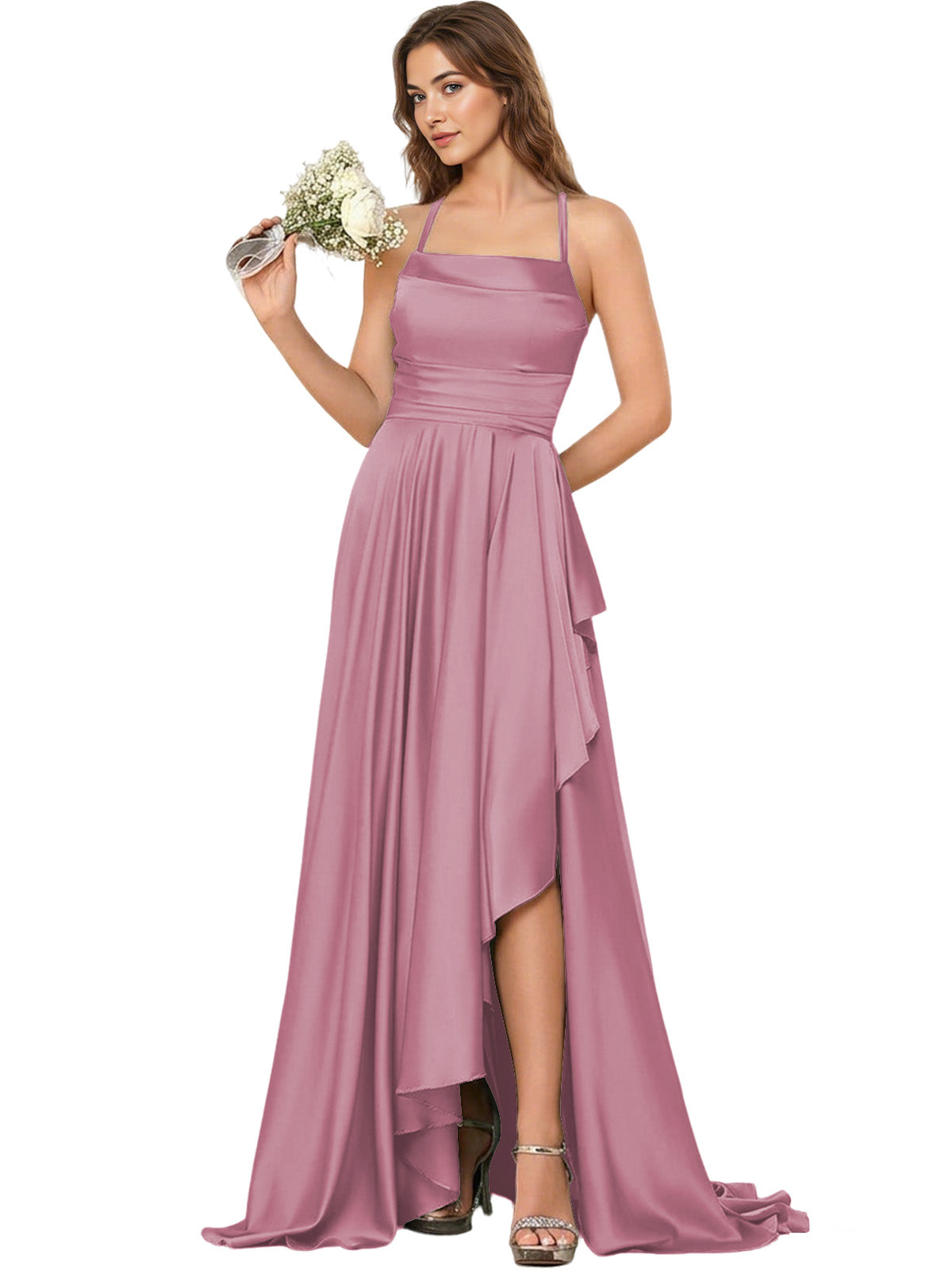 Open Back Halter Bridesmaid Dress with High Low Overlay dress