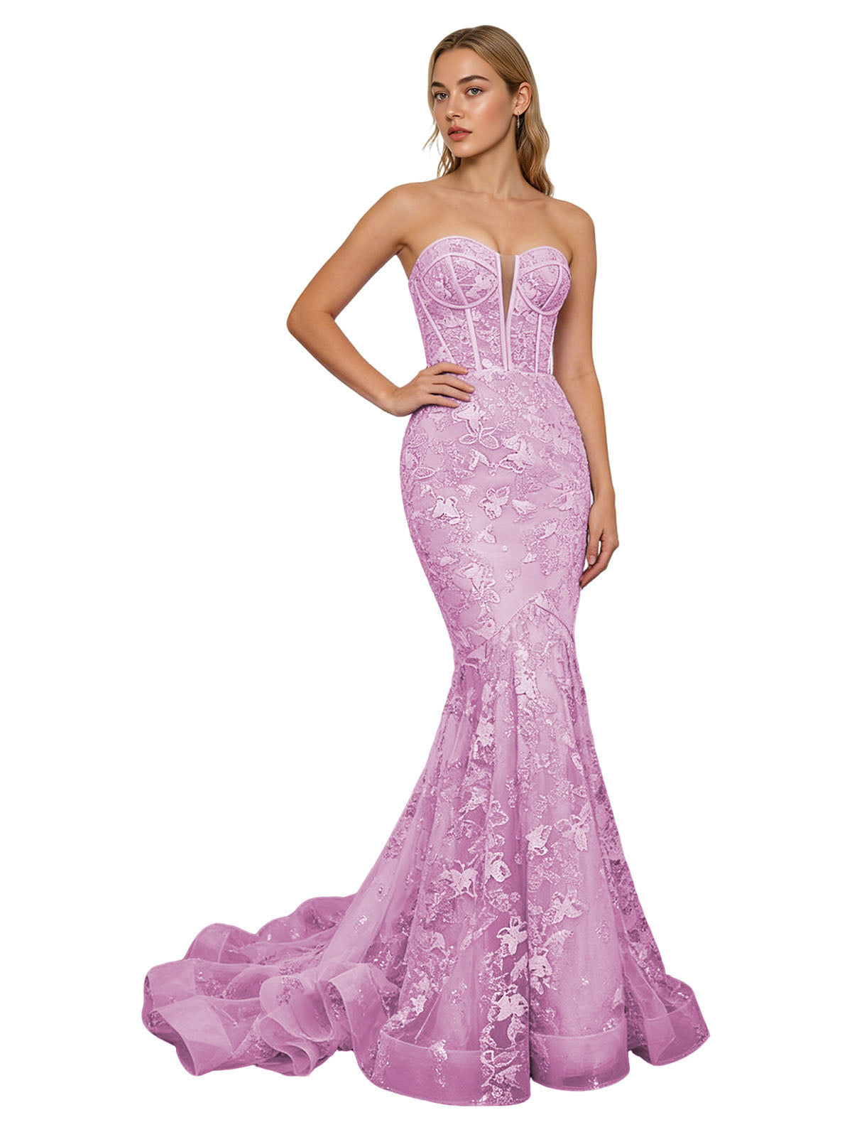 Strapless Lavender Lace Mermaid Prom Dress with Sheer Corset and Train