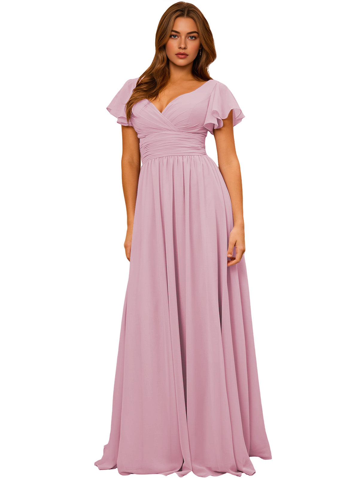 V-Neck Flutter Sleeve Chiffon Bridesmaid Dress with Empire Waist