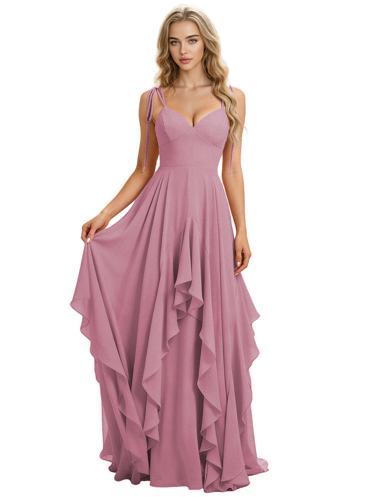 Spaghetti Strap Chiffon Bridesmaid Dress with Cascading Ruffle dress
