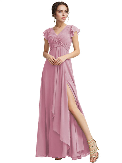 Cap Sleeve Chiffon Bridesmaid Dress with Ruffle V-Neck and Slit