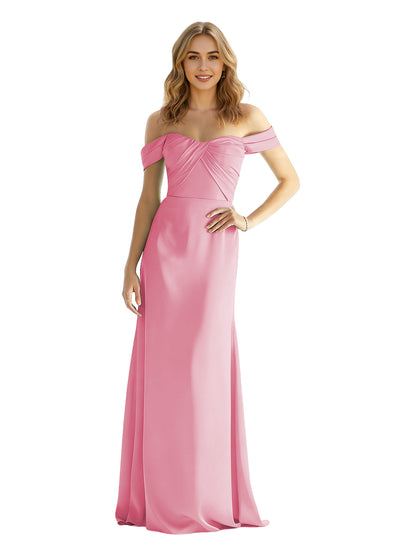 Sweetheart Off Shoulder Satin Bridesmaid Dress with Wrapped Bodice