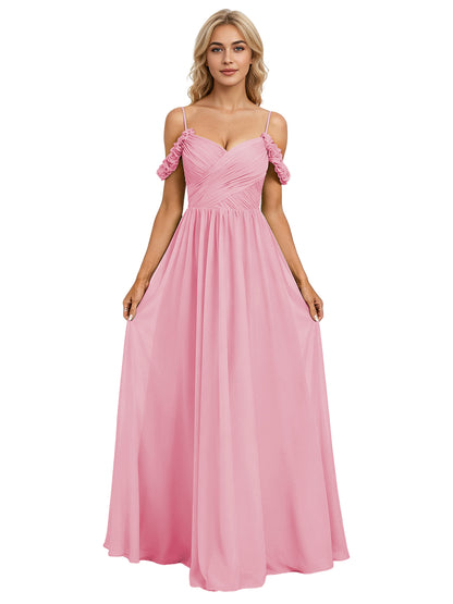Off Shoulder Lace Applique Bridesmaid Dress with Flowing Chiffon dress