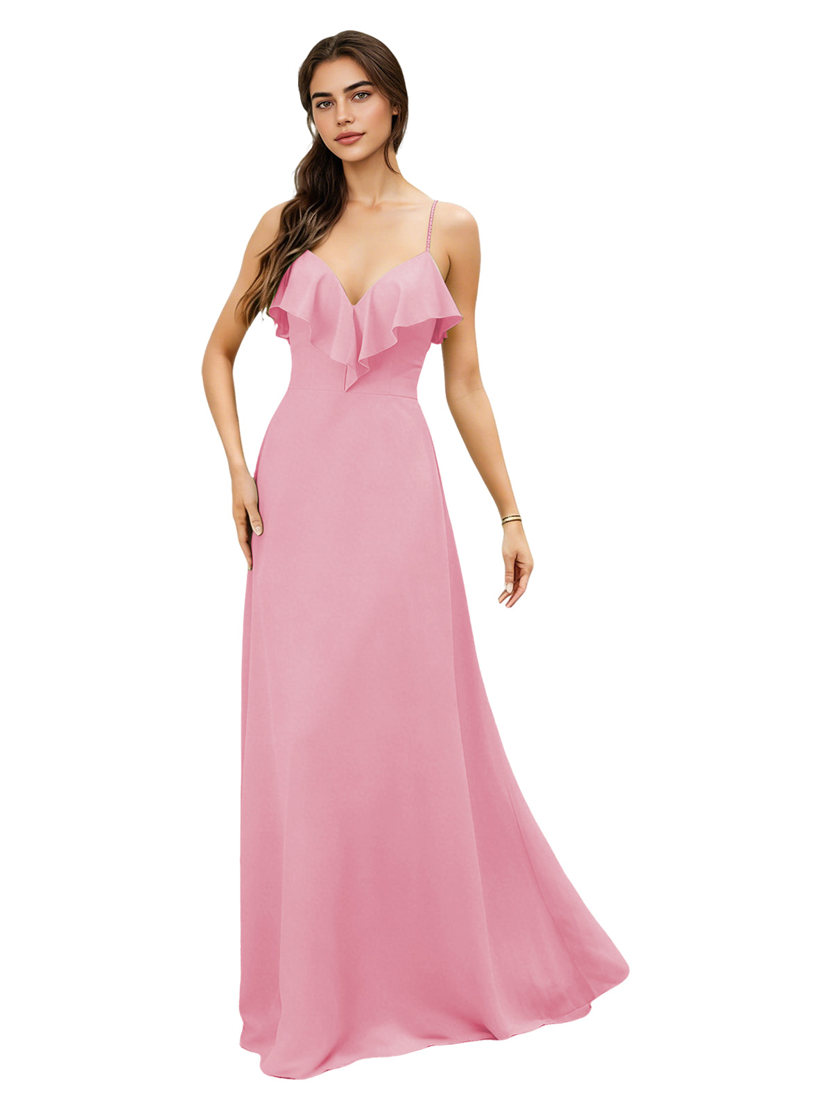 Ruffle V-Neck Chiffon Bridesmaid Dress with Spaghetti Straps