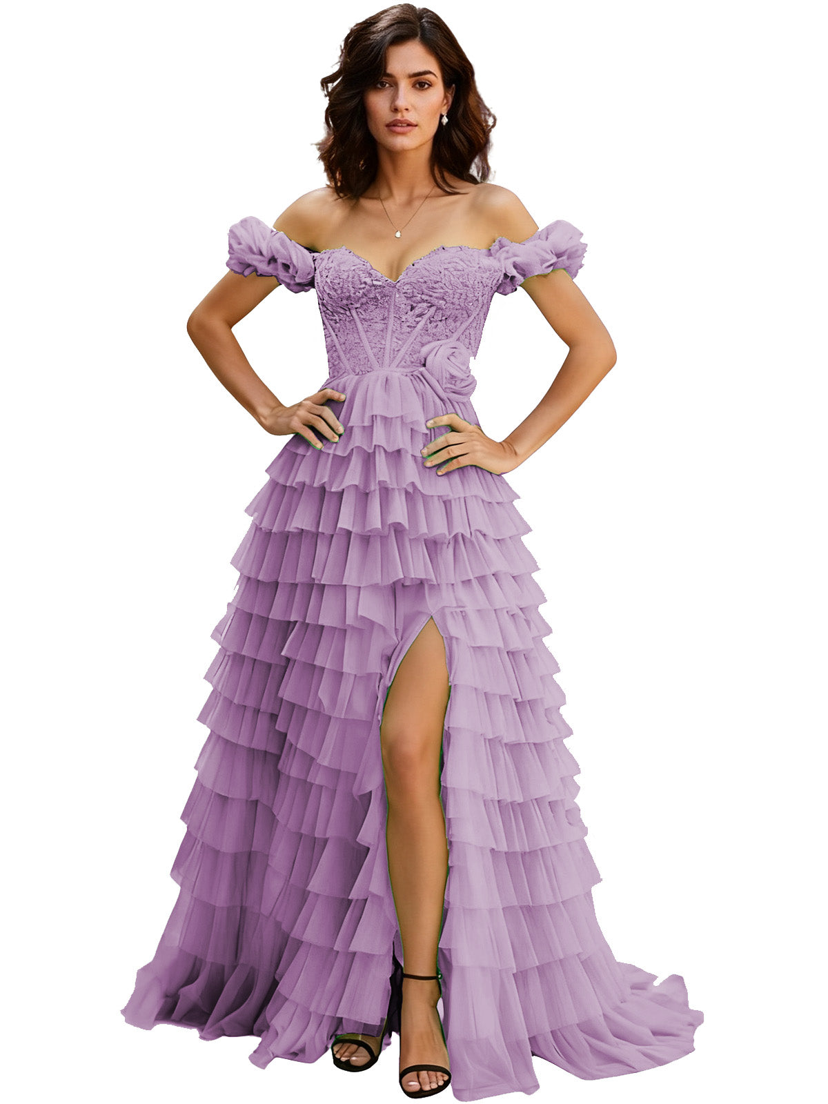 Off Shoulder Tulle Ball Gown Prom Dress with Ruffle Sleeves and Slit