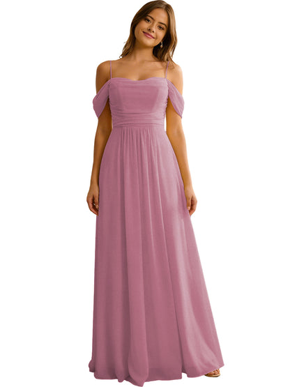 Off Shoulder Chiffon Bridesmaid Dress with Soft Pleated Bodice