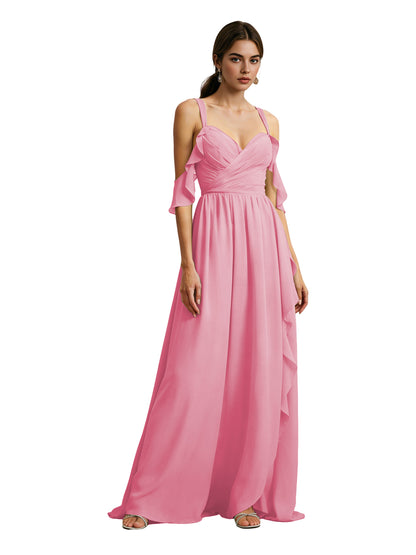 Cold Shoulder Chiffon Bridesmaid Dress with Draped V-Neck Bodice