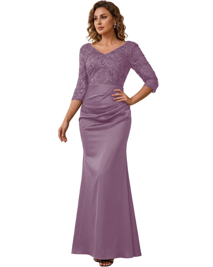 Mother of the Bride Dress Long Lace Mermaid Formal Gown with 3/4 Sleeves