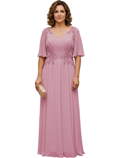 Mother of the Bride Dress Long Chiffon A-Line Gown with Flutter Sleeves and Beaded Lace
