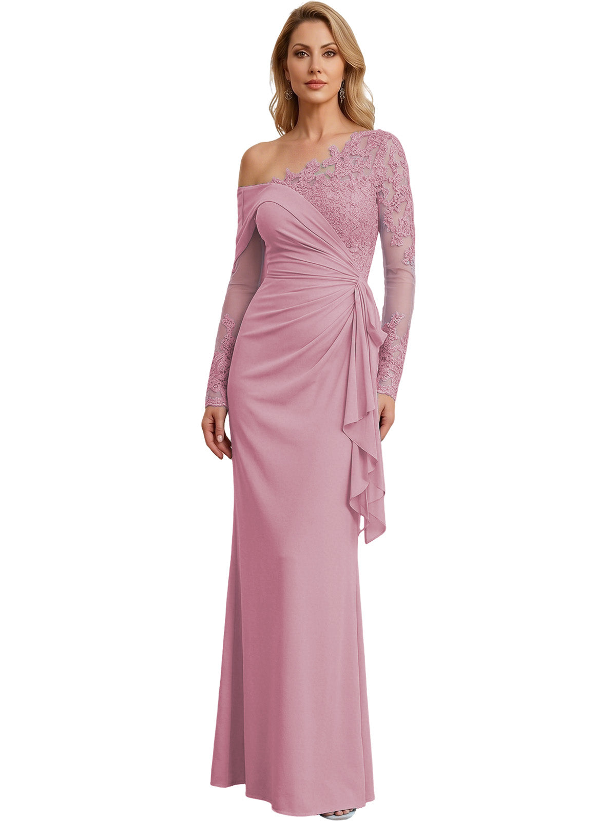 One Shoulder Mother of the Bride Gown Long Lace Sleeve Mermaid Dress with Draped Ruffle