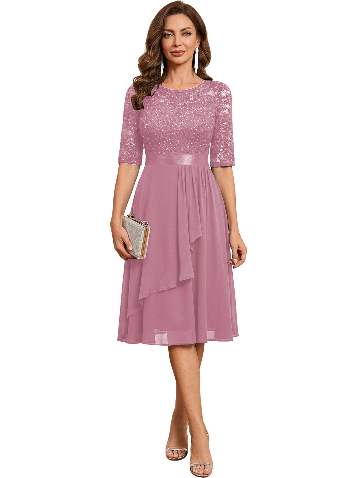 Knee Length Mother of the Bride Dress Sequined Lace Bodice Chiffon Skirt Formal Guest Outfit