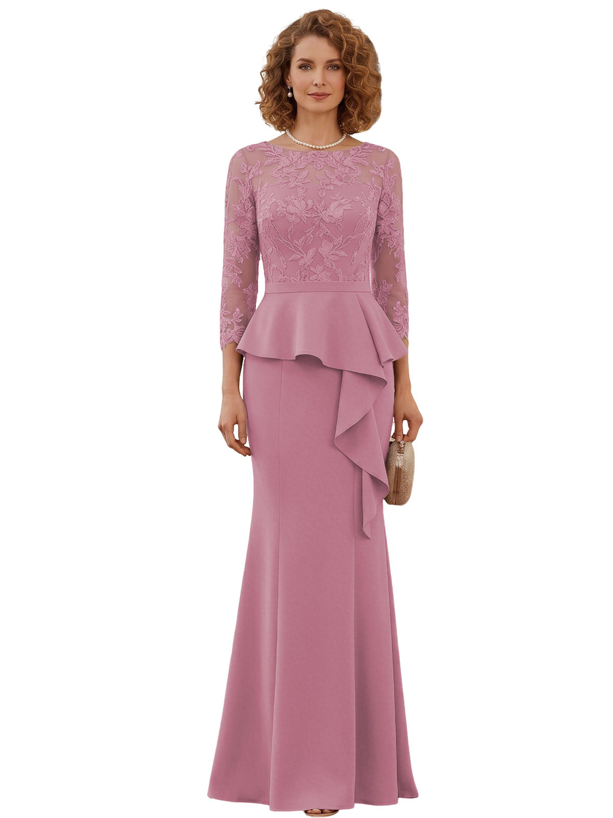 Long Mother of the Bride Dress Lace Illusion Bodice Peplum Mermaid Formal Evening Gown