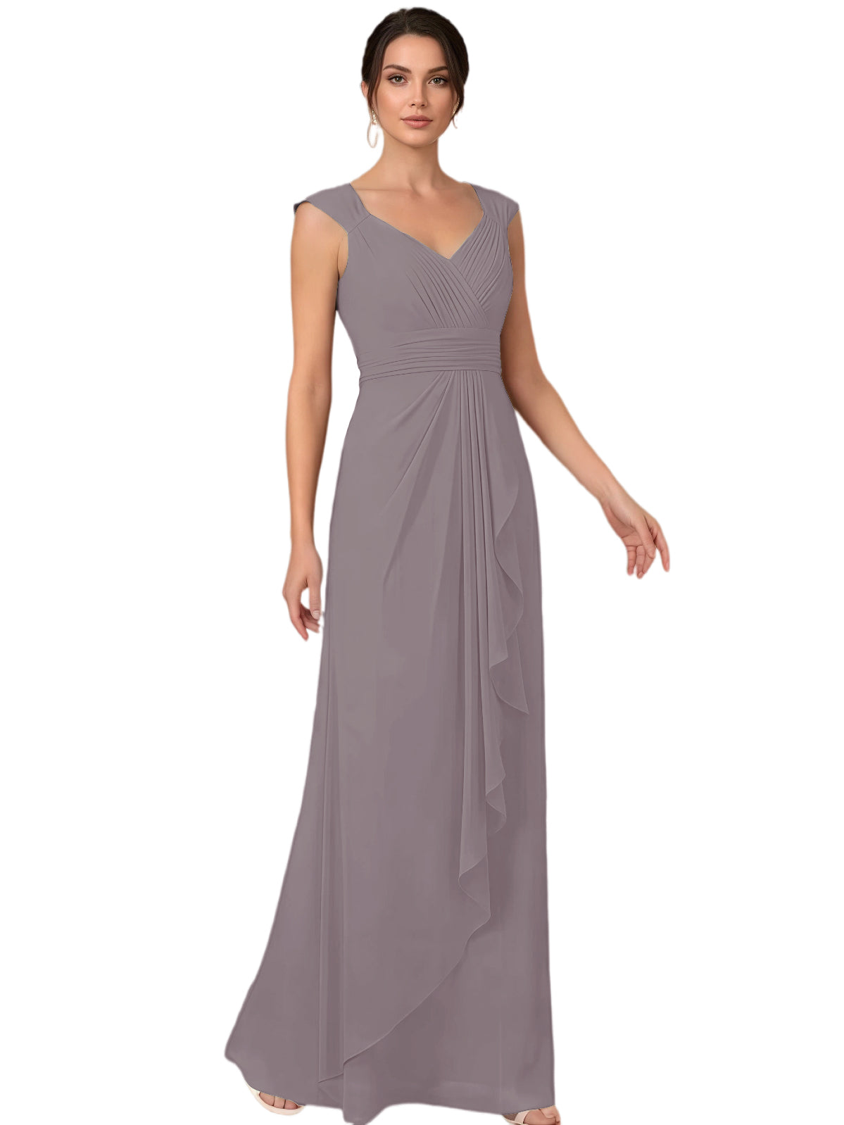 Mother of the Bride Dress Long Sleeveless V-Neck Chiffon Formal Gown with Ruffle Detail