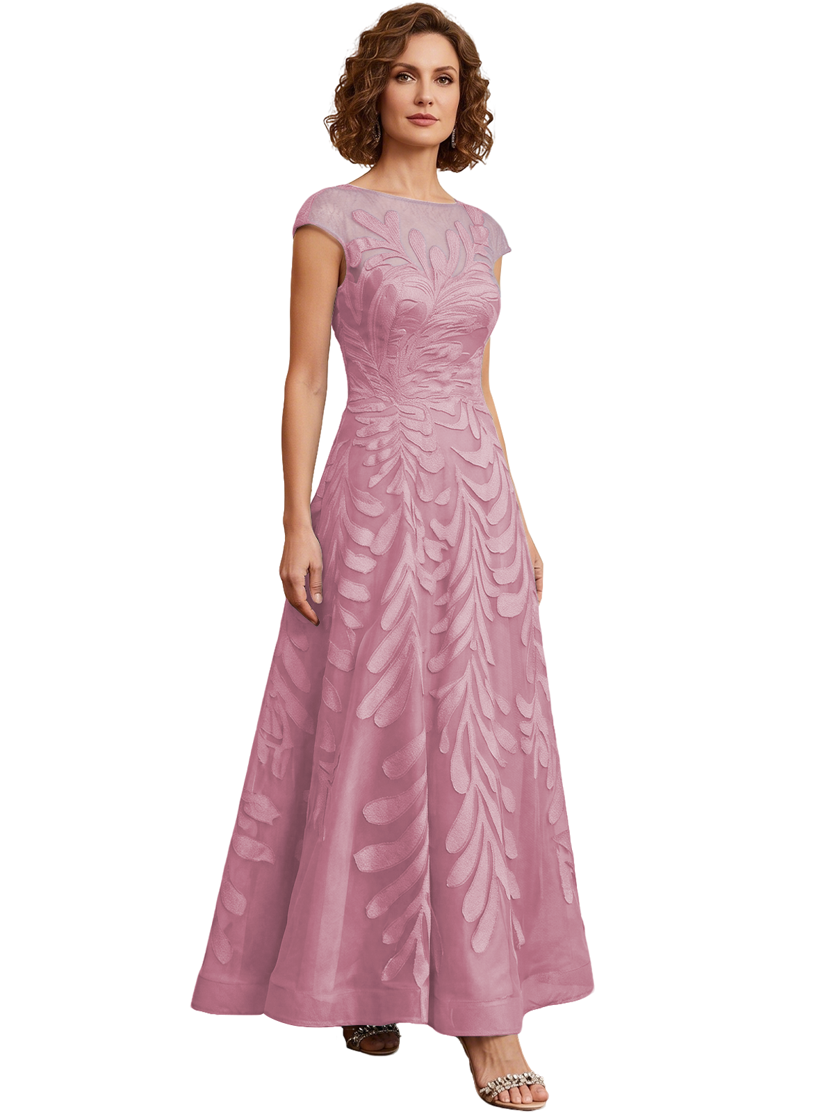 Embroidered Tulle Mother of the Bride Dress Long A-Line Gown with Illusion Cap Sleeves