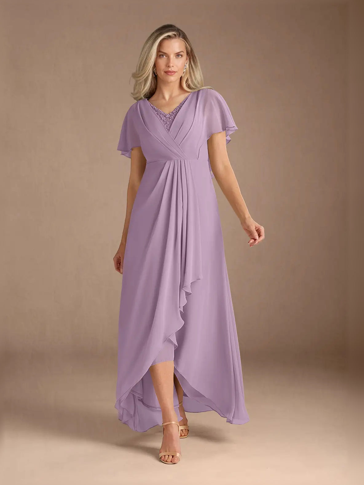 Pleated Draped Ruffled V Neck A-Line High-Low Chiffon Mother of the Bride Dress for Reception Dinner