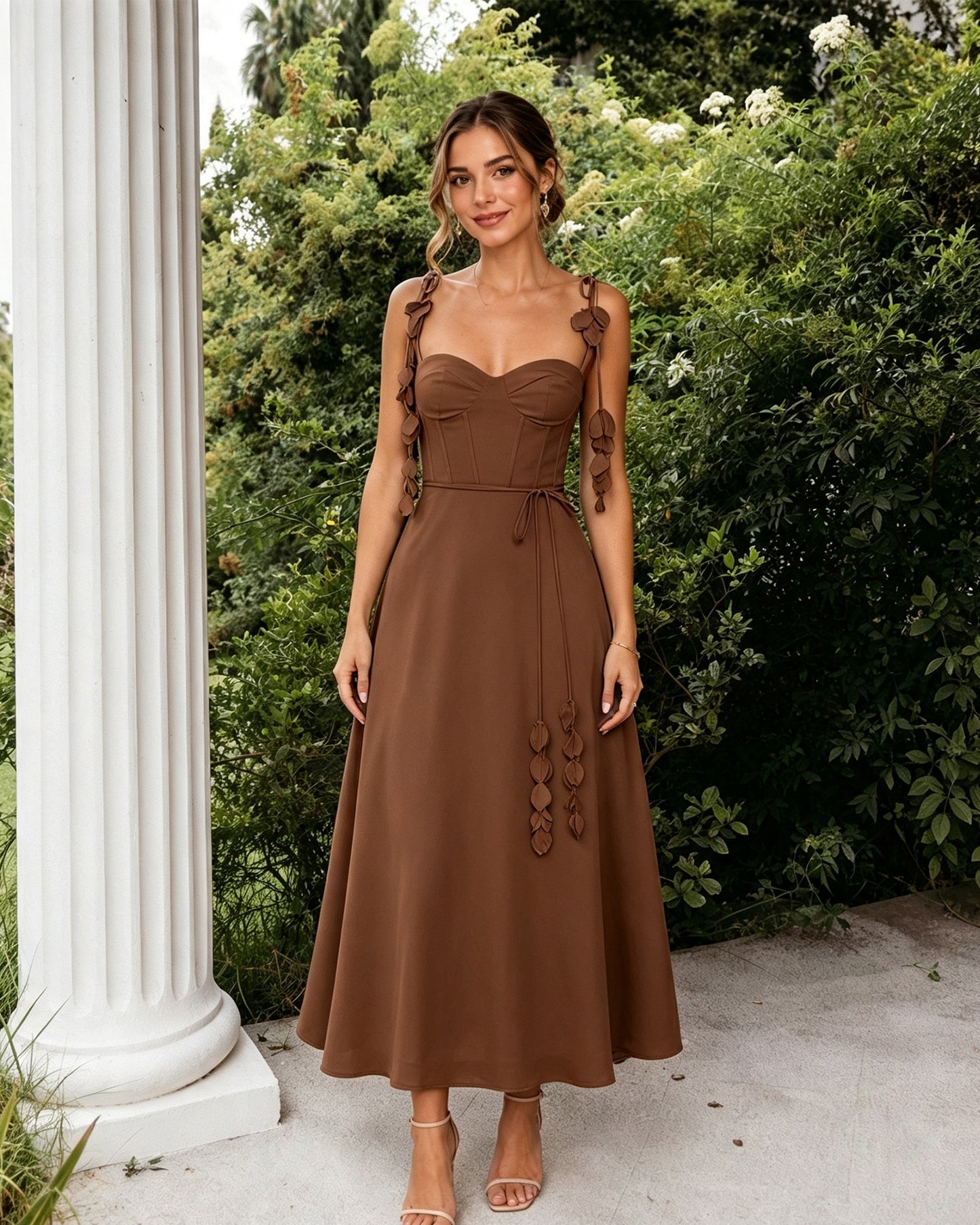 Sweetheart Floral Strap A-Line Midi Bridesmaid Dress with Corset Bodice