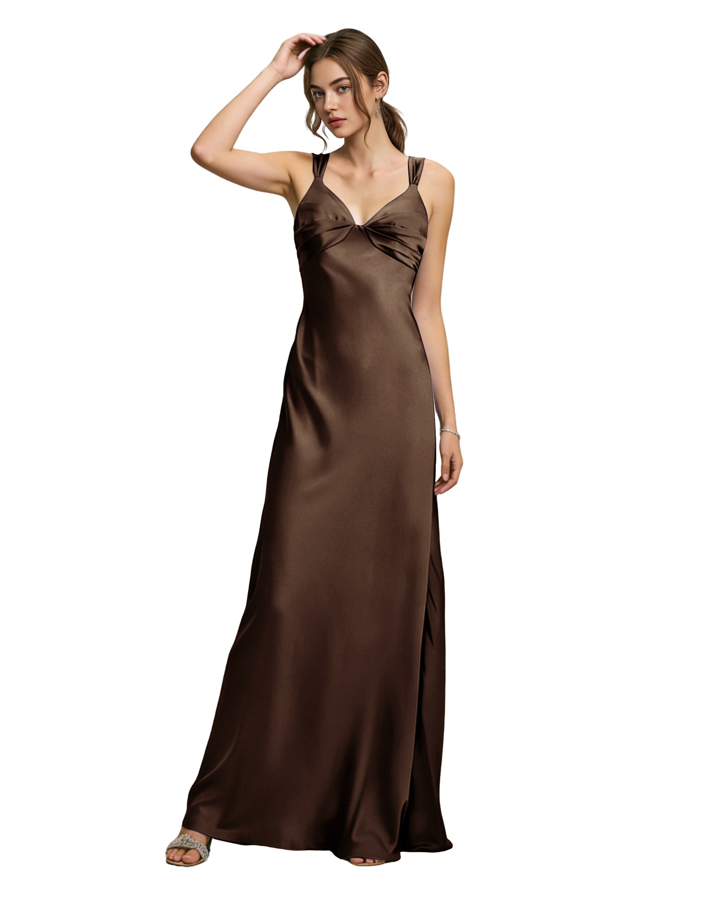 Satin Cowl Neck Bridesmaid Dress with Spaghetti Straps and Bias Cut