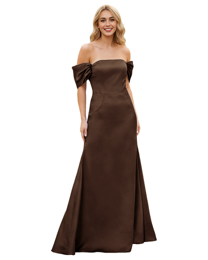 Off Shoulder Satin Bridesmaid Dress with Foldover Neckline and Trumpet Dress