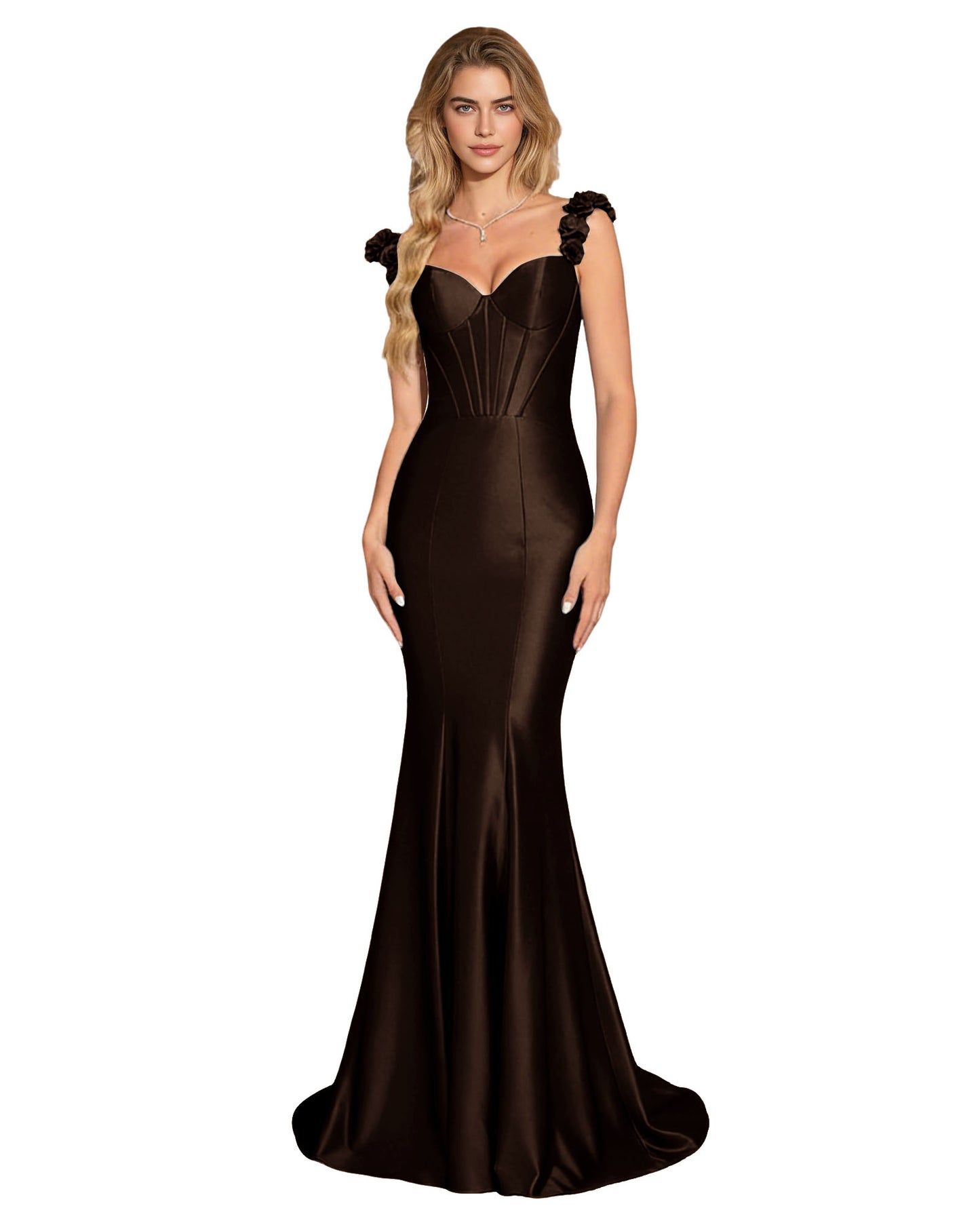 Floral Strap Satin Mermaid Prom Dress with Corset Bodice and Sweep Train