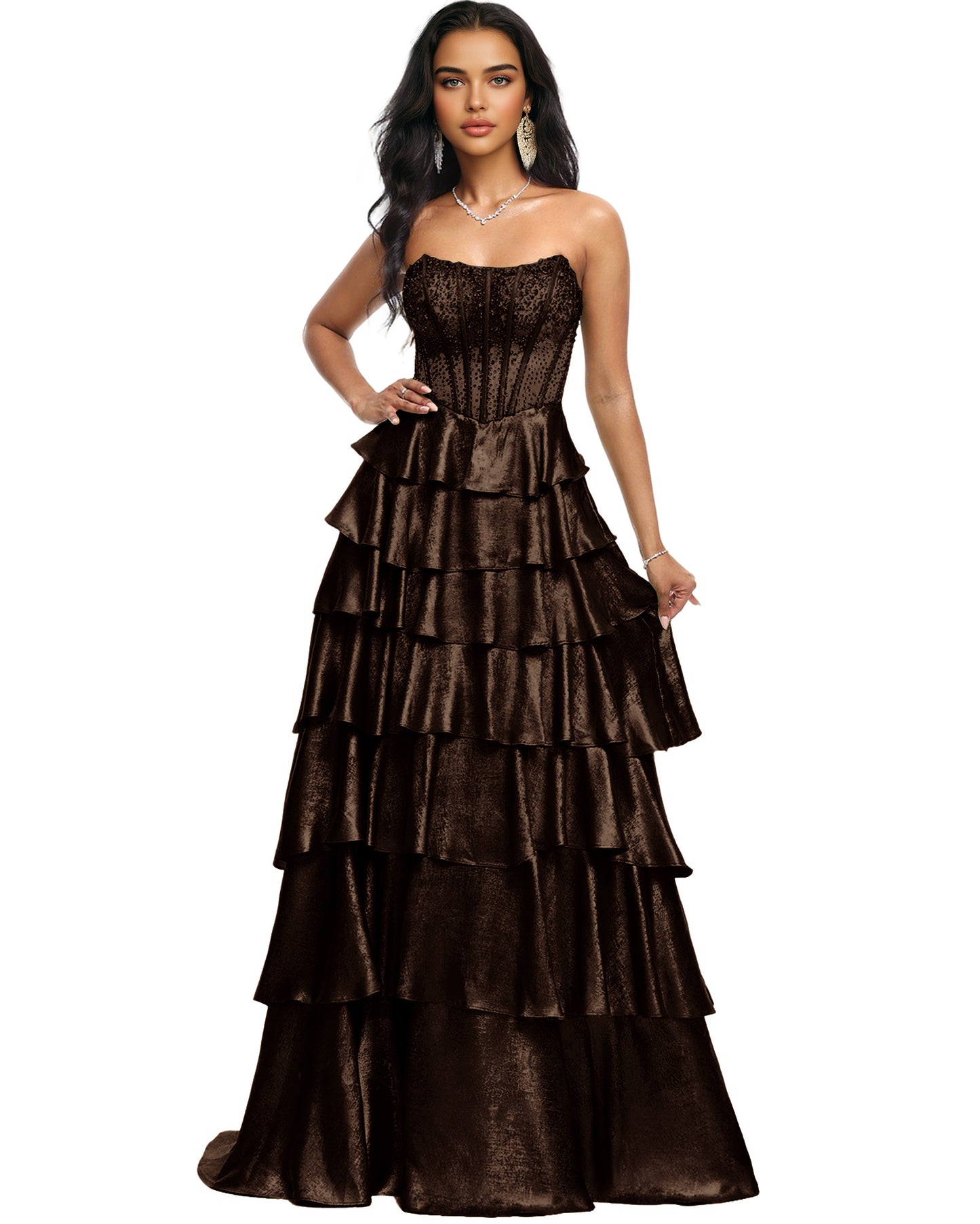 Strapless Tiered Sequin A-Line Prom Dress with Ruffle Layers