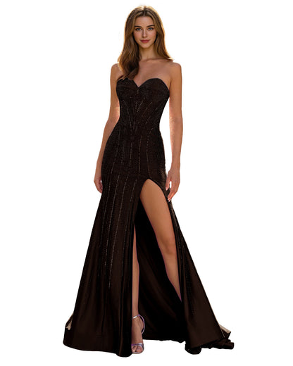 Strapless Sequin Column Prom Dress with Side Slit and Sweep Train