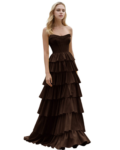 Strapless Tiered Ruffle A-Line Prom Dress with Corset Bodice