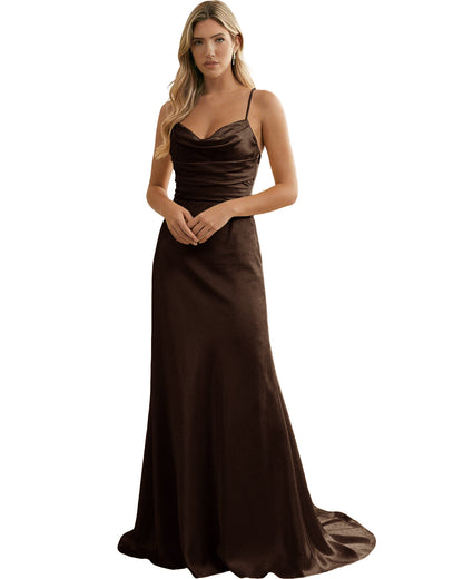 Spaghetti Straps Ruched Satin Floor Length Bridesmaid Dress