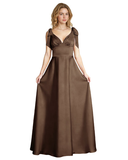 V-Neck Bow Strap Satin Bridesmaid Dress with Empire Waist