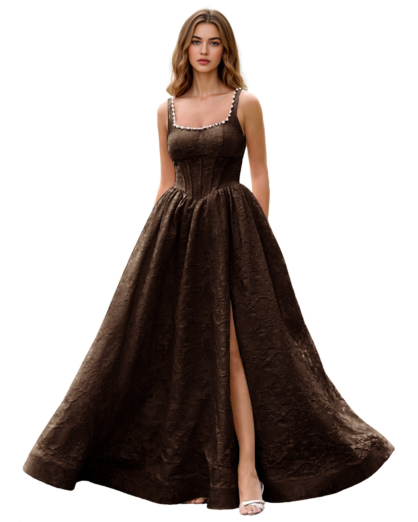 Square Neck Jacquard Ball Gown Prom Dress with Wide Straps and Pockets