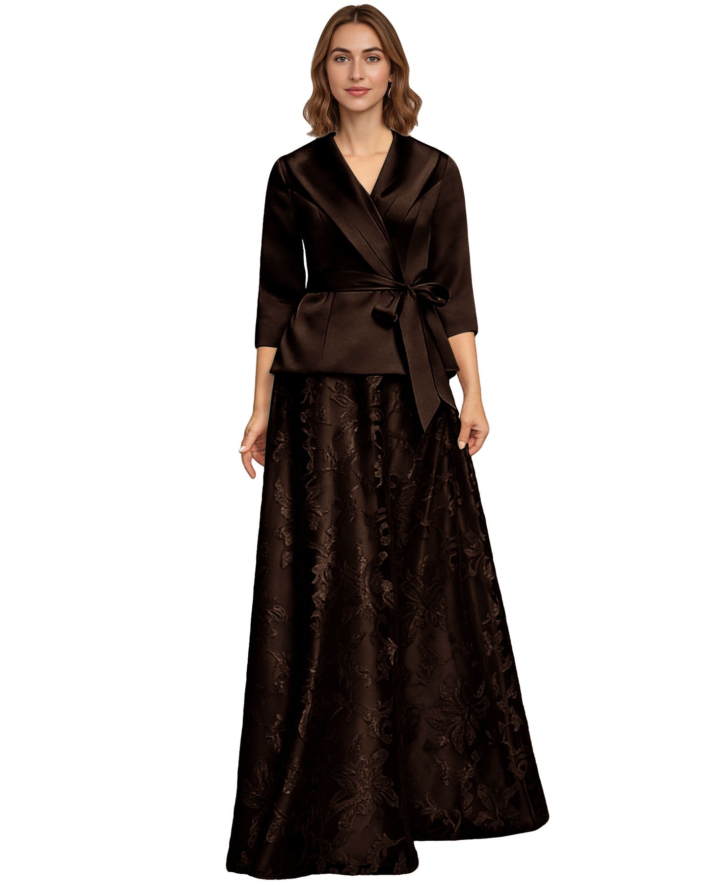 Two Piece Mother of the Bride Dress Satin Wrap Top Embroidered Long Skirt Formal Set