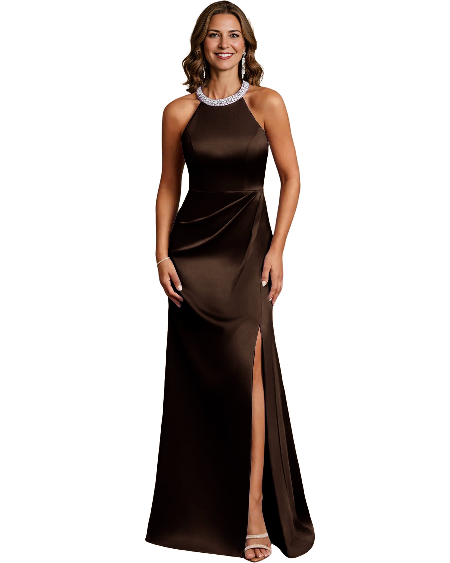 Halter Neck Mother of the Bride Dress Satin Mermaid Gown with Beaded Collar and Slit