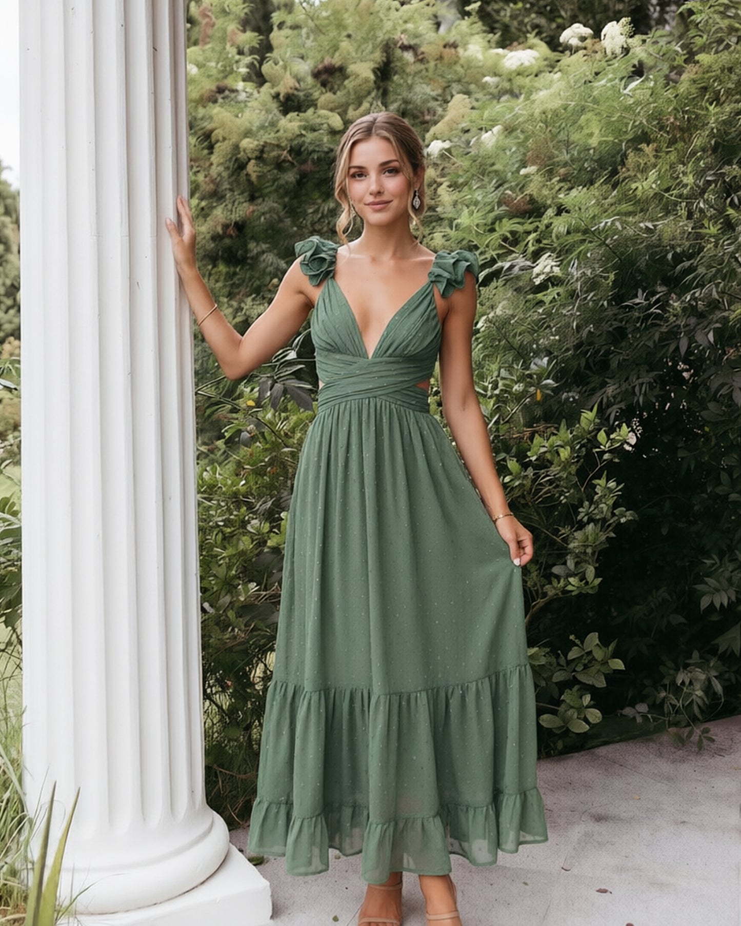 Deep V-Neck Swiss Dot Chiffon Bridesmaid Dress with Ruffle Straps